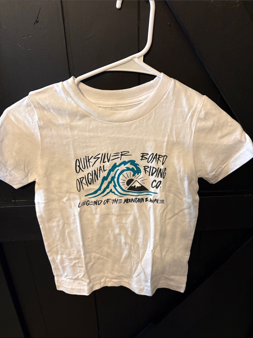 Quiksilver White Kids Tee with Teal Surf Wave Graphic